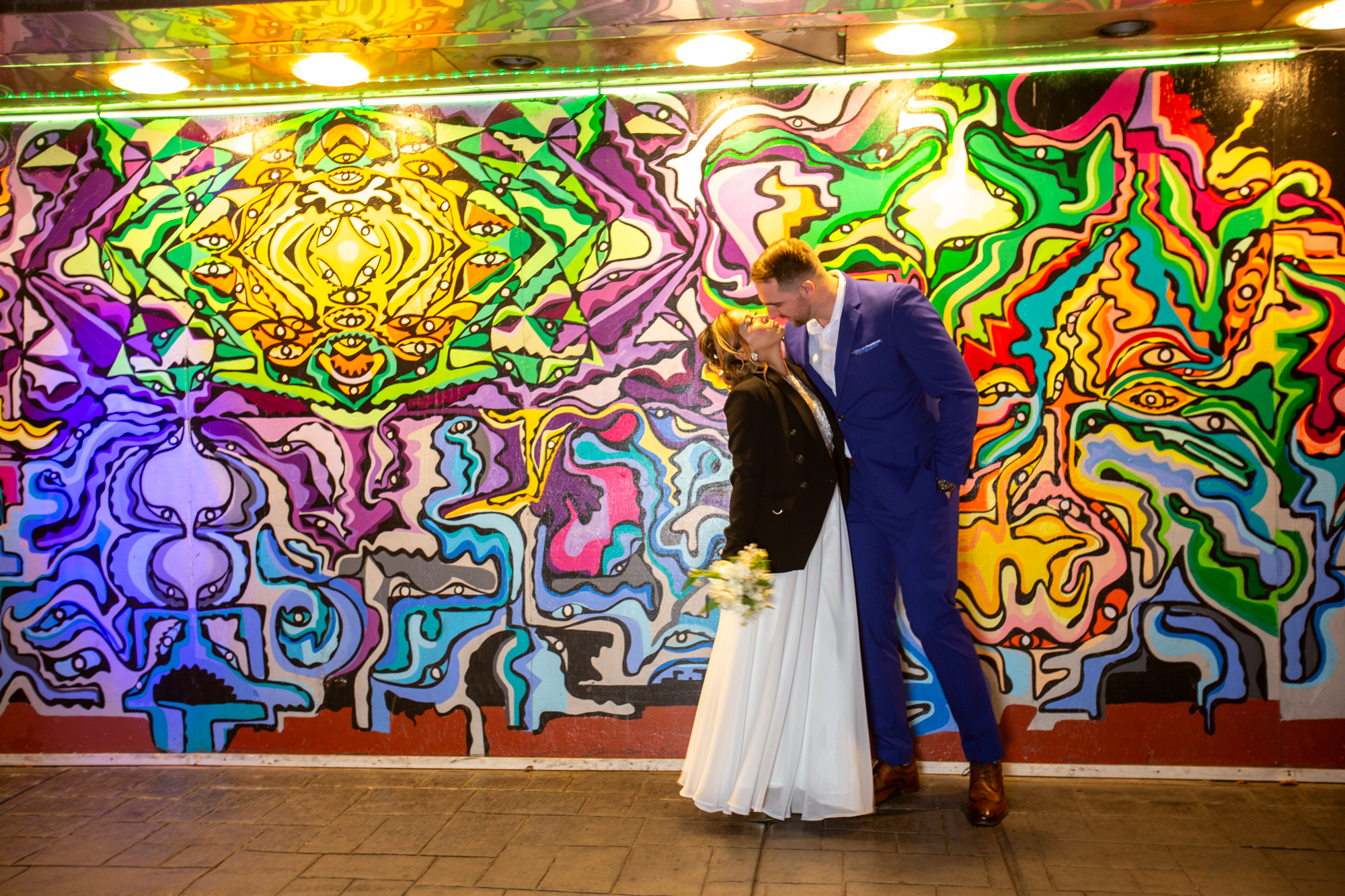 Downtown Reno and one of it's famous murals for the background at the wedding chapel