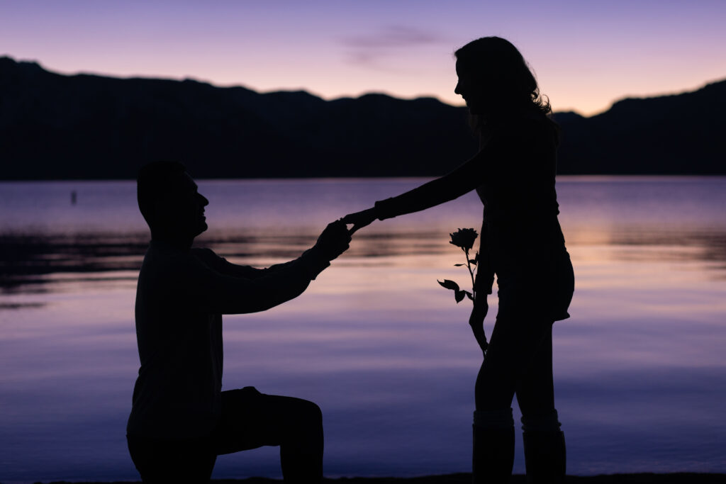 Lake Tahoe engagement on a beach at sunset 
