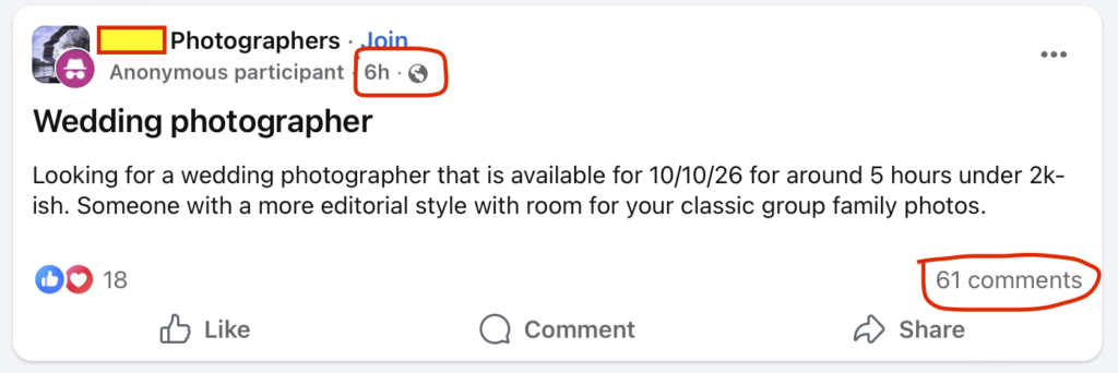 Real Screenshot from a Facebook Post about needing a photographer in Lake Tahoe for a wedding Anonymous